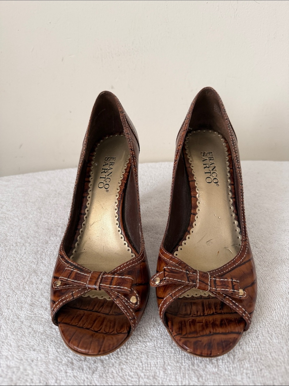 Franco Sarto Brown Croc-Embossed Peep Toe Heels with Bow Accent